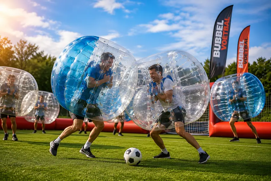 Spelers in doorzichtige bubbels spelen bubbelvoetbal op een sportveld met reclamevlaggen